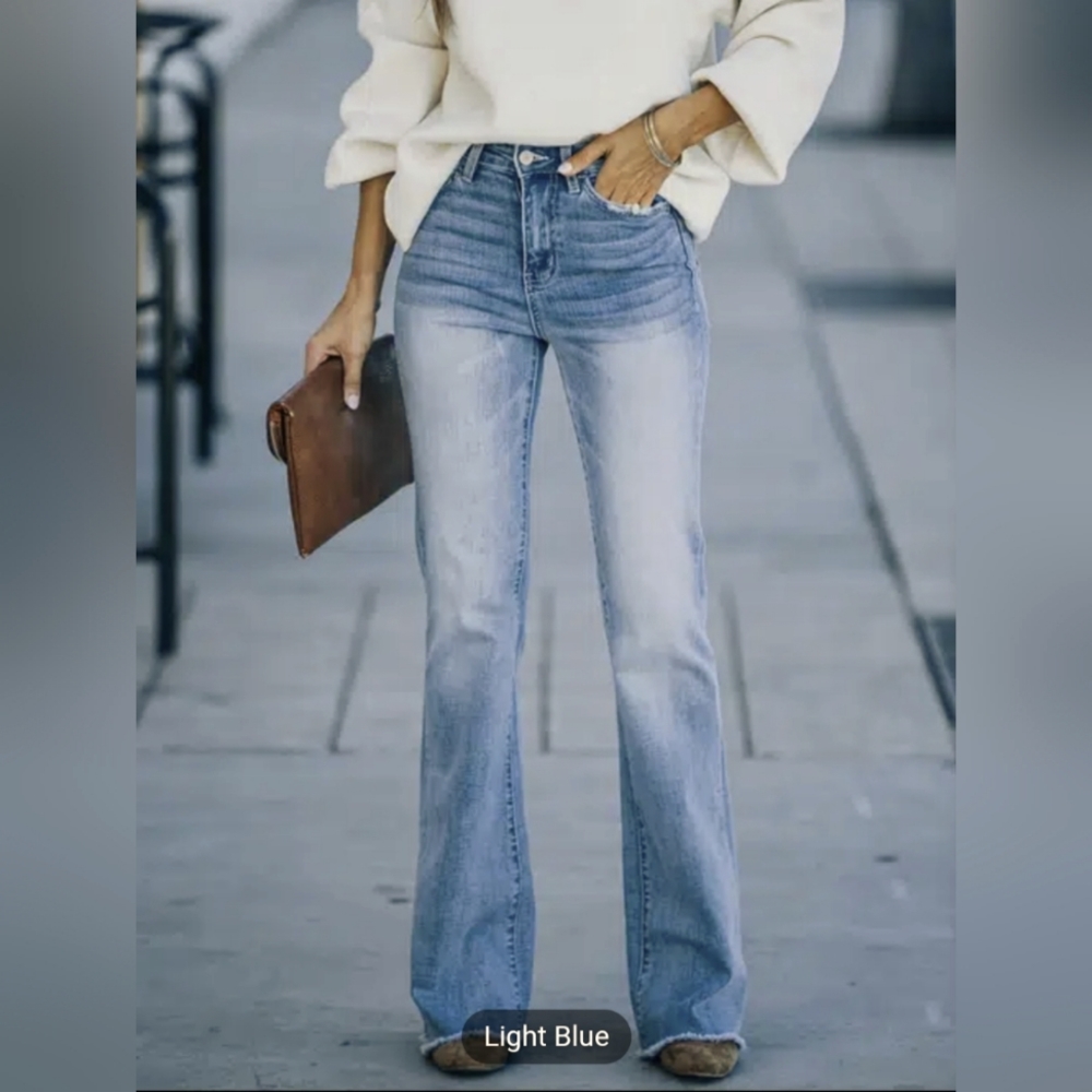 Women's Light Blue Mid Rise Slim Fit with Classic Flare Leg Raw Hem Denim Jeans